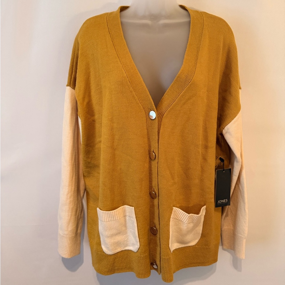 Jones New York Mustard and Cream Button-Front V-Neck Cardigan